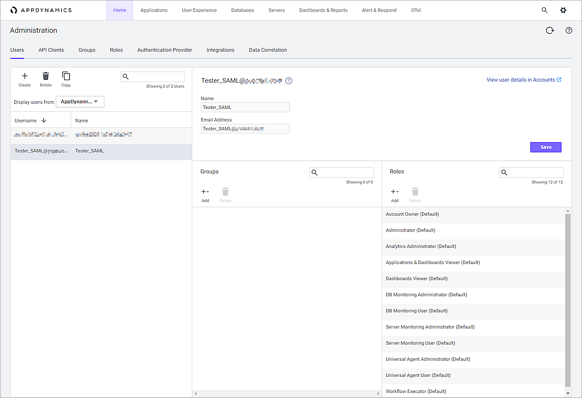 Screenshot of Add user in AppDynamics